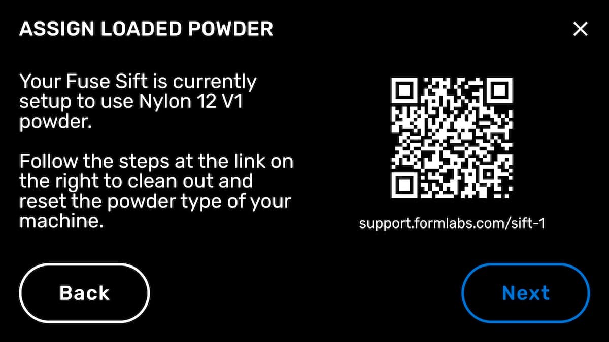 The Fuse Sift's powder switching workflow, screen 2