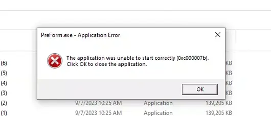 PreFormでアプリケーションエラーのメッセージが表示されている