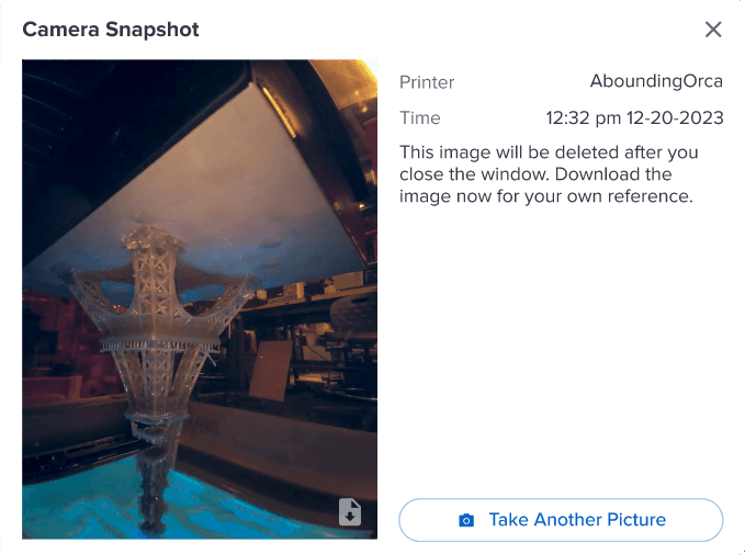 Camera snapshot window in Dashboard.