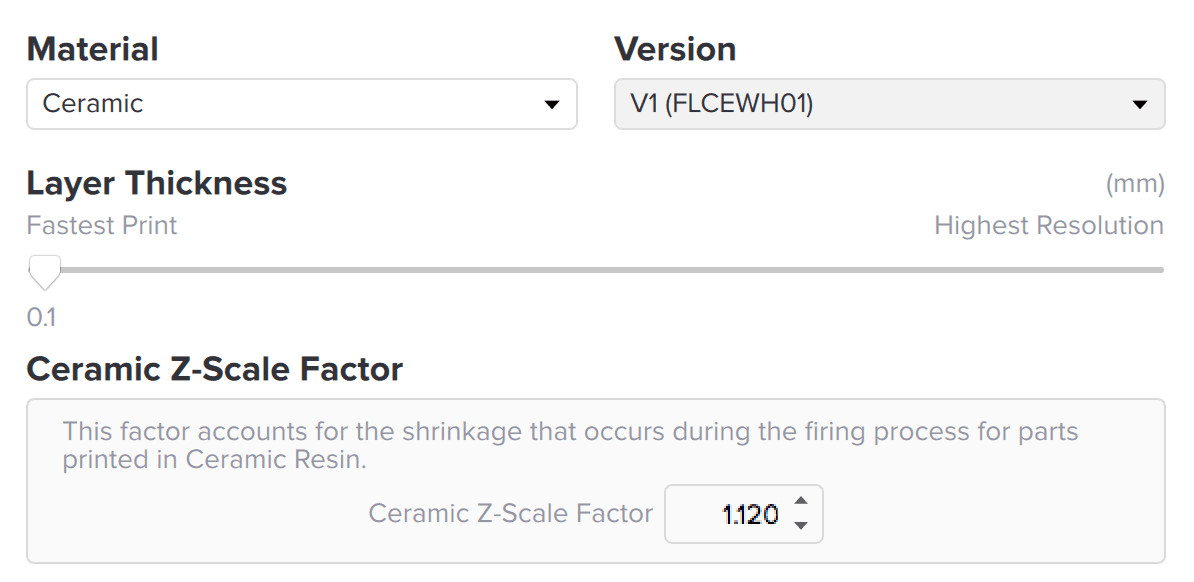 PreForm's Print Setup dialog shows the option to adjust the Z-Scale Factor for Ceramic Resin V1