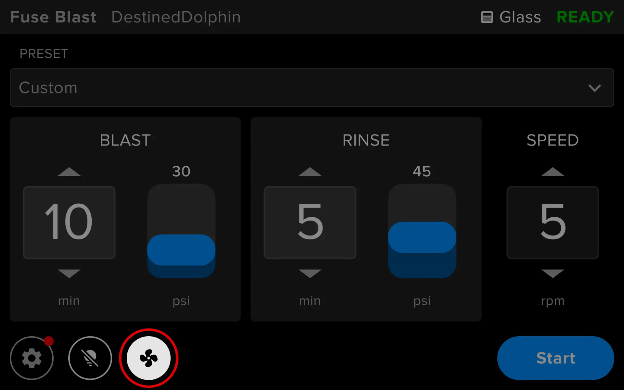 Fan icon on the Fuse Blast touchscreen