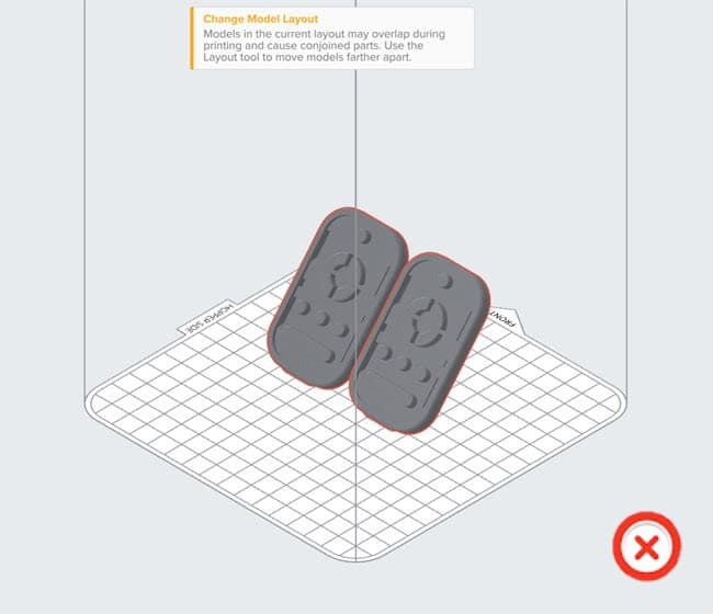 PreForm warns if parts are placed too close together