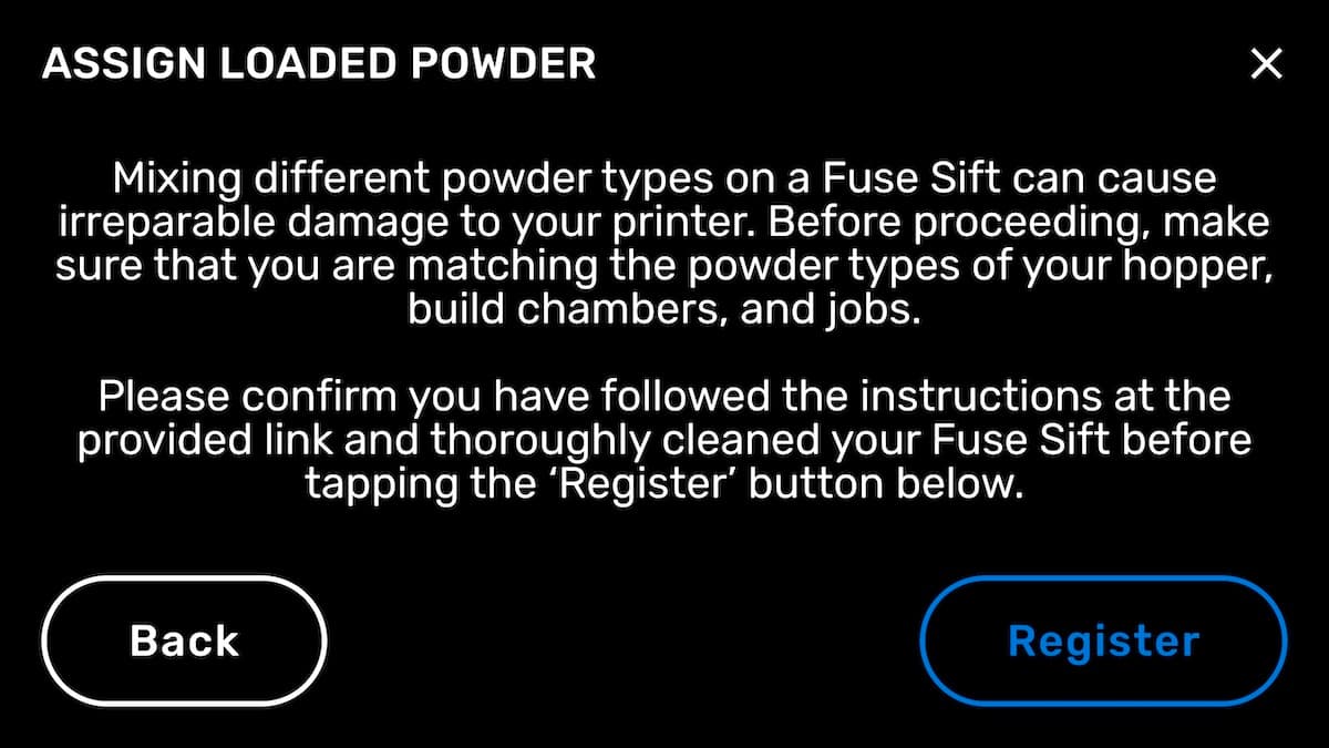 The Fuse Sift's powder switching workflow, screen 4