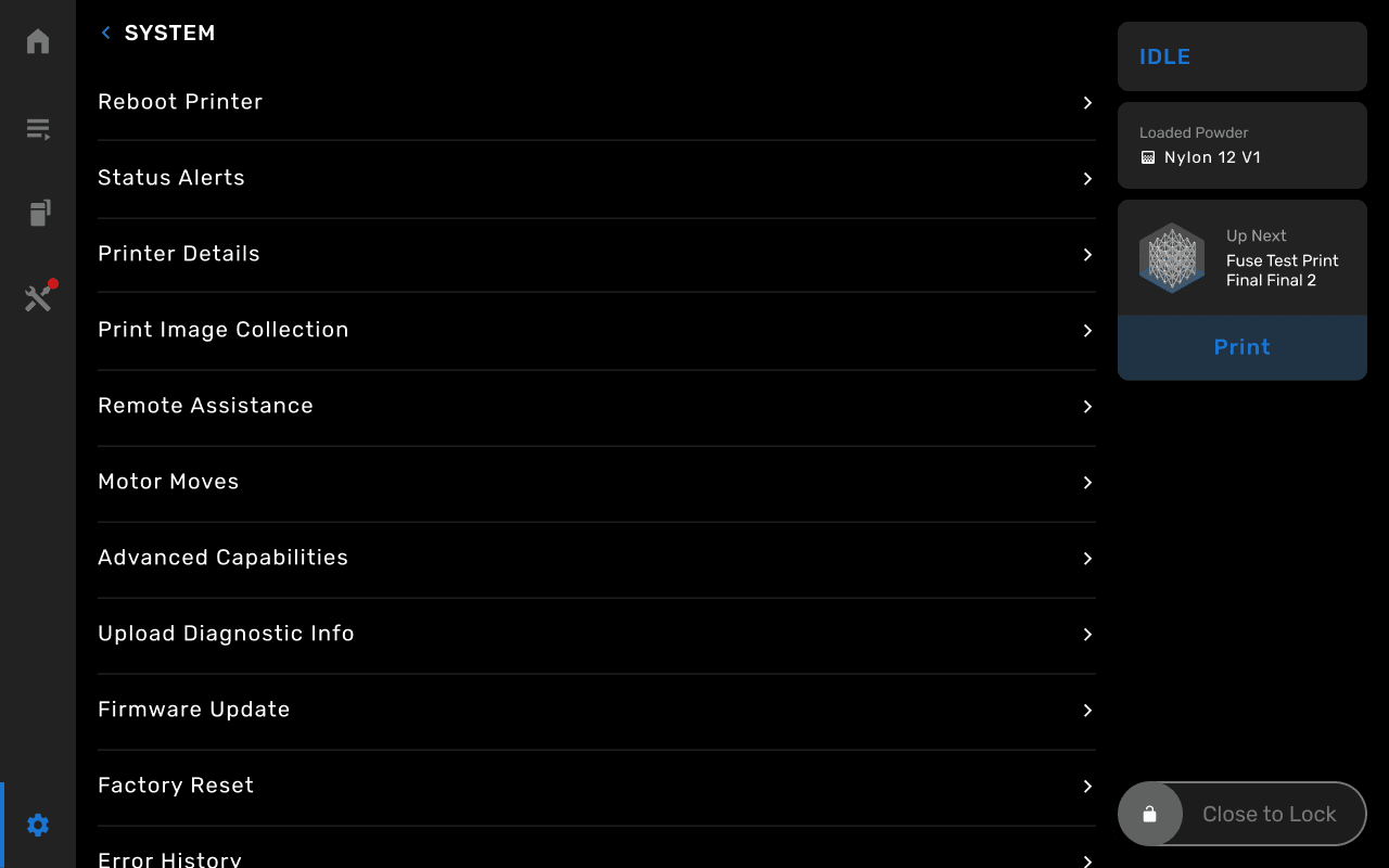 The Settings > System screen on a Fuse 1+ 30W printer