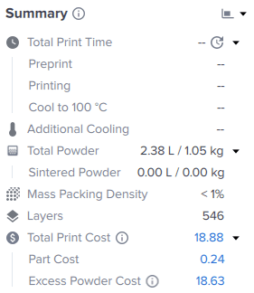 PreForm Summary panel for an SLS print