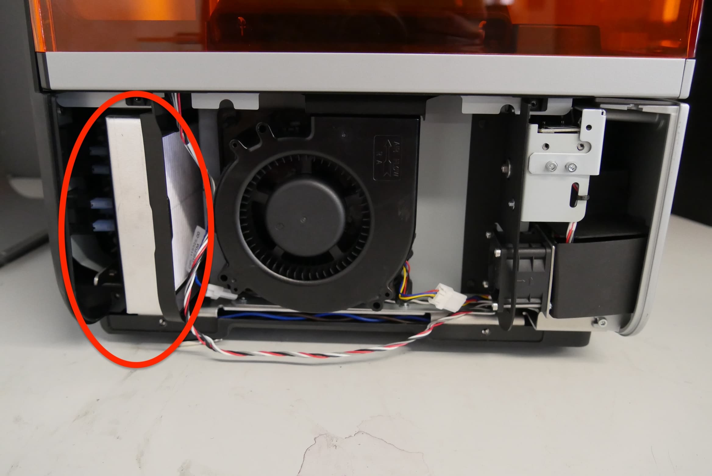 Form 4 LPU fan filter location annotated in printer