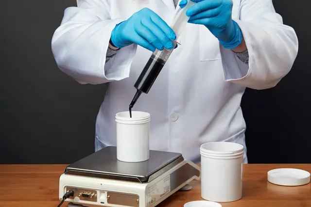 Person wearing gloves extruding a resin
