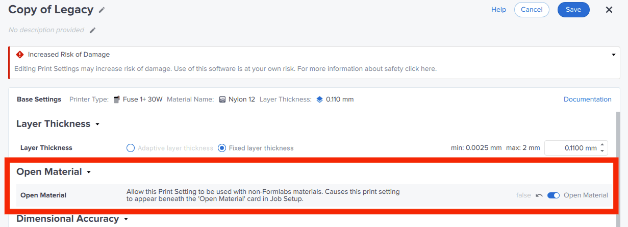 Umschaltfläche „Open Material“ im PreForm Druckeinstellungseditor