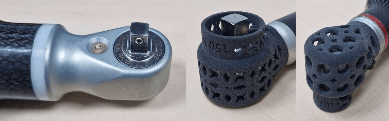3D printed tool covers in TPU 90A Powder help prevent scratches on car bodies while providing workers with an ergonomic grip.