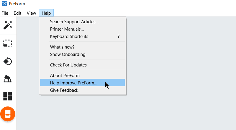 The Help dropdown is shown with the Help Improve PreForm... option selected.
