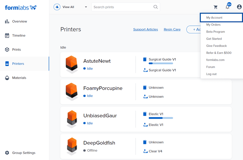 The Settings > Notifications page is open in Dashboard and the SMS notifications toggle is enabled showing a list of printers and print events to receive notifications about.