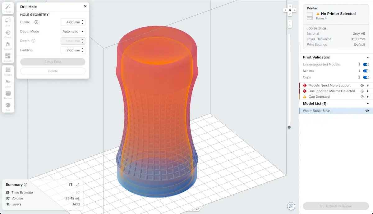 Preparing to drill a hole in a model with PreForm