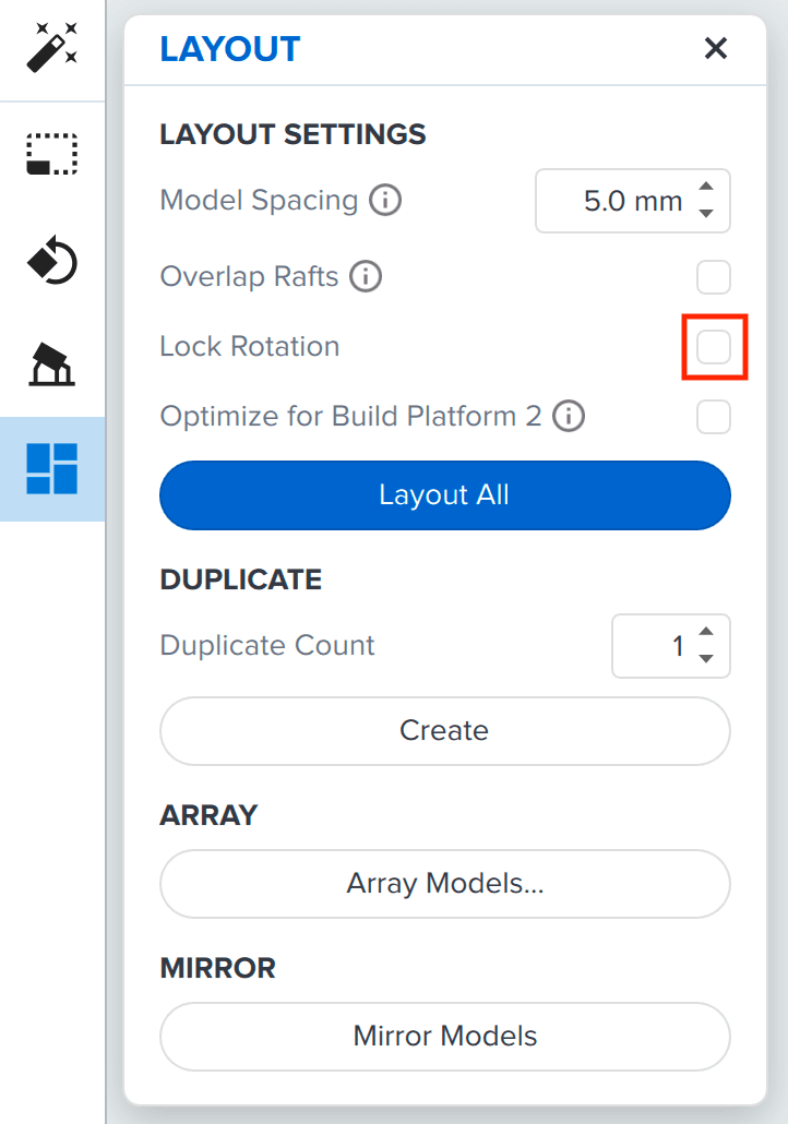 The Layout panel in PreForm with the Lock Rotation box highlighted.