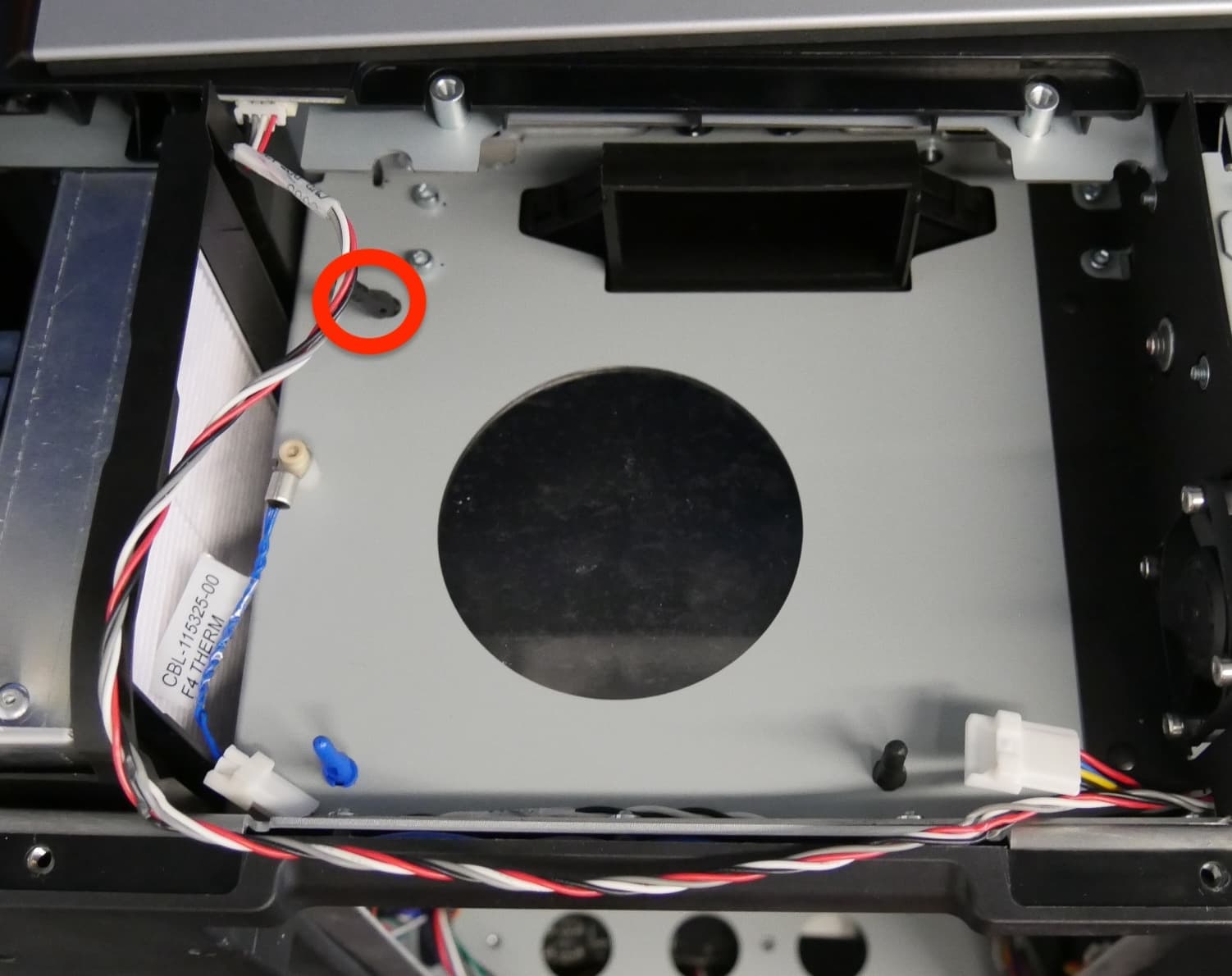 Upper LPU fan mounting pin inserted and annotated