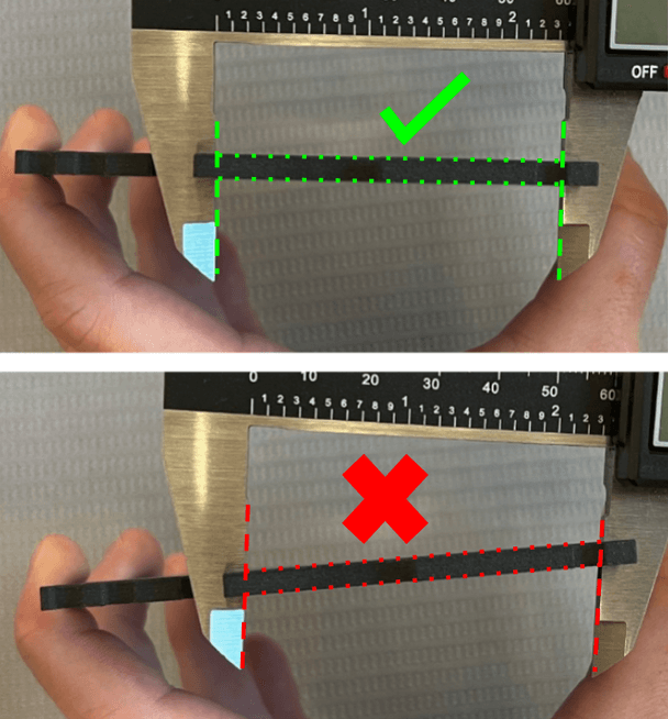 Ensure the calipers are perpendicular to the printed part