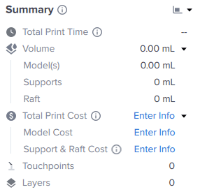 PreForm Summary panel for an SLA print