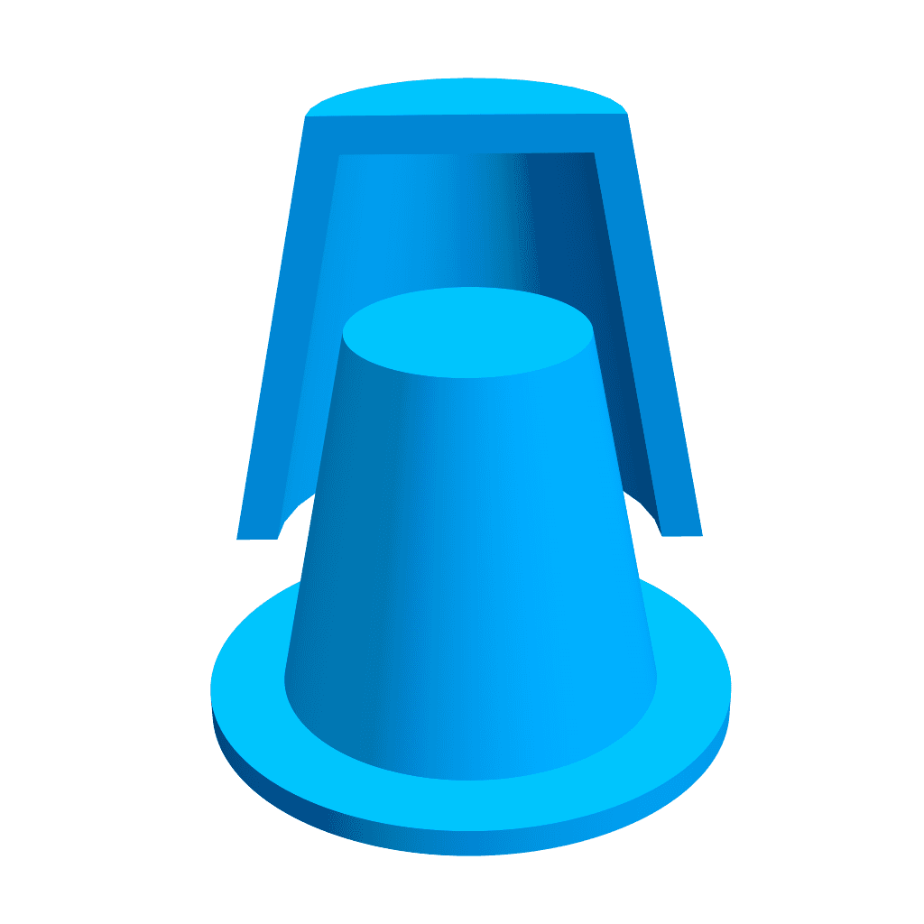 graphic demonstrating a unsupported structure: an extruded button-like shape has a cap or crown resting above. The cap is not connected with any solid material and is separate by a void.