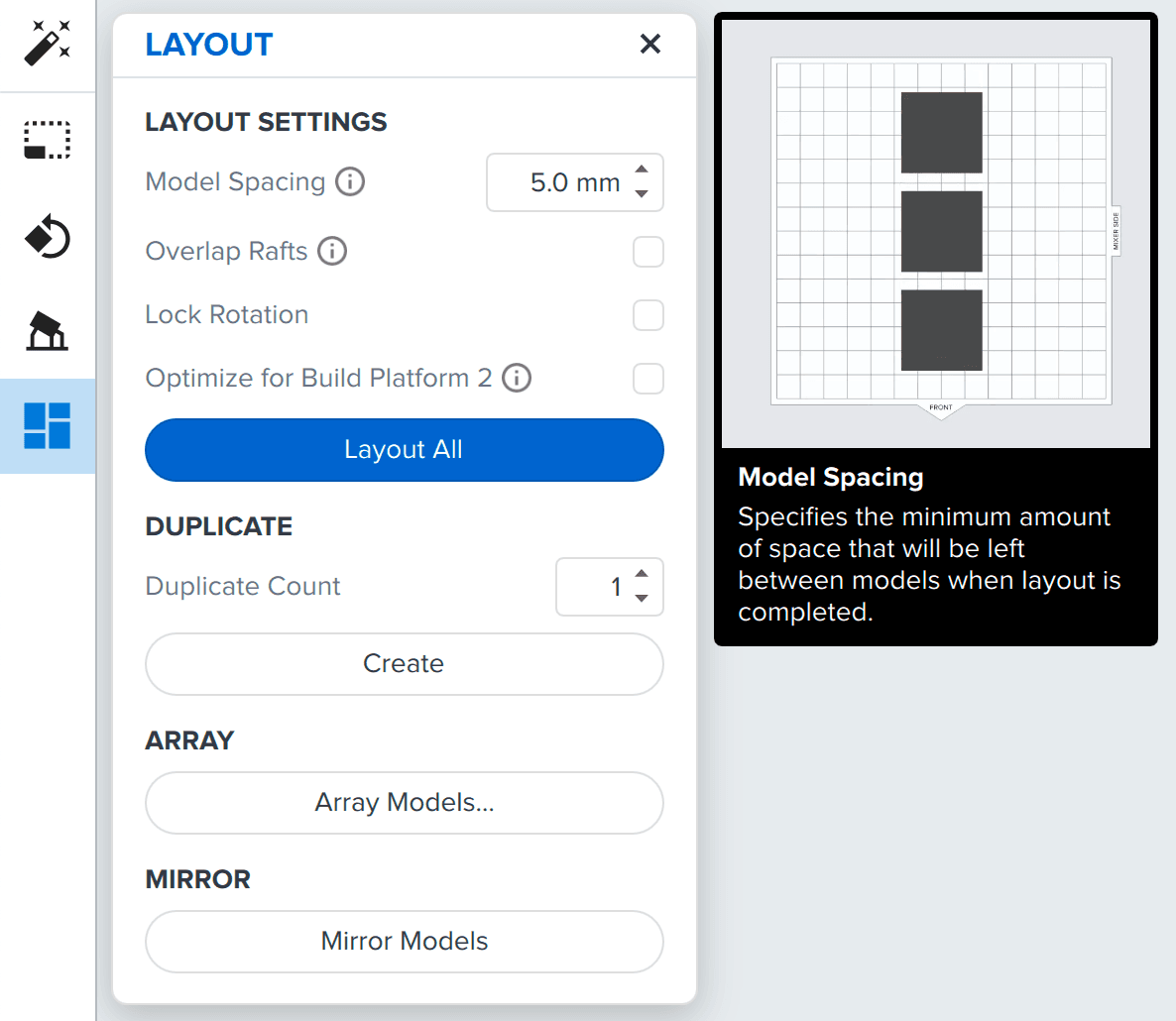 The Layout panel in PreForm with the Model Spacing info box highlighted.
