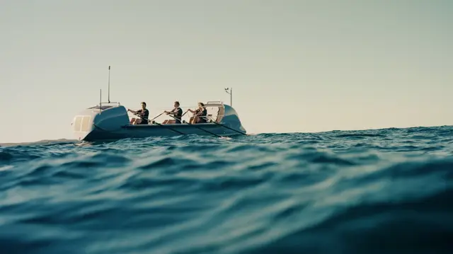 Three men rowing in a custom boat on the ocean