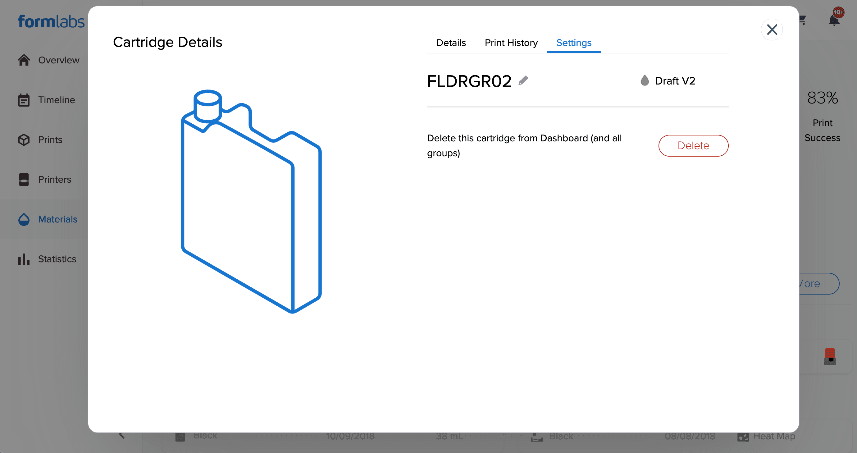 Cartridge Details画面のSettings(設定)タブが表示され、Dashboardからタンクを削除するオプションが表示されます。