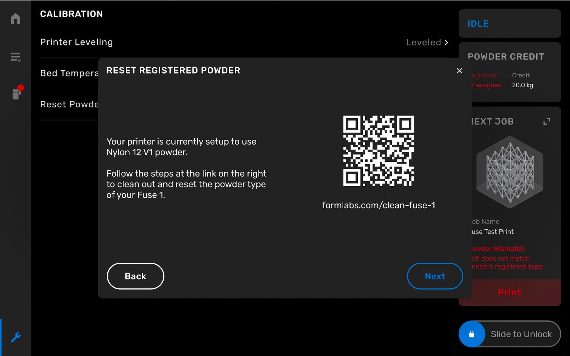 The Fuse 1's powder switching workflow, screen 2
