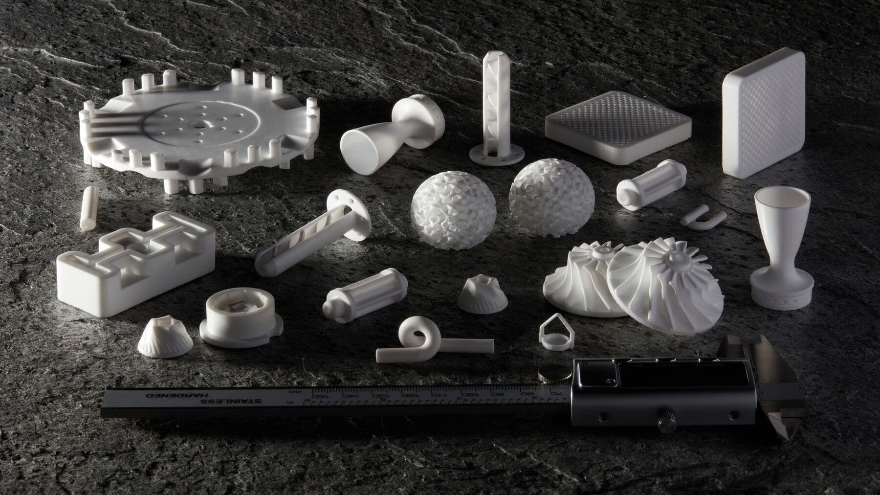 A collection of parts printed in Alumina 4N Resin