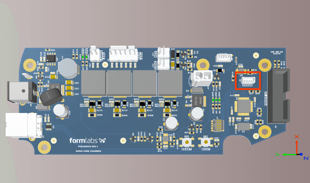 Temperature sensor header on the Form Cure V1 motherboard