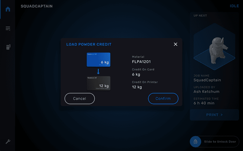 The 'Load Powder Credit' screen is displayed on the Fuse 1's touchscreen. The highlighted area shows the previous amount of powder with the new powder total next to it