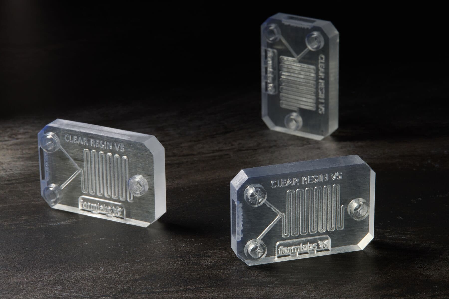 Three millifluidic chips printed on Form 4