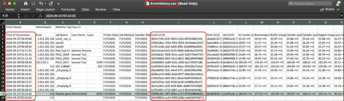 Ein Beispiel für die Datei ErrorHistory.csv