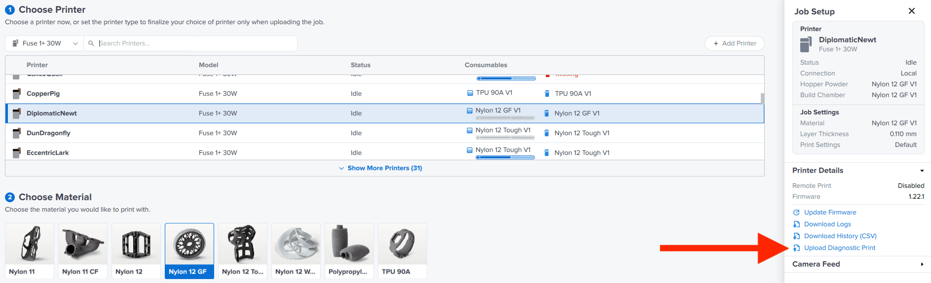 Uploading a diagnostic print