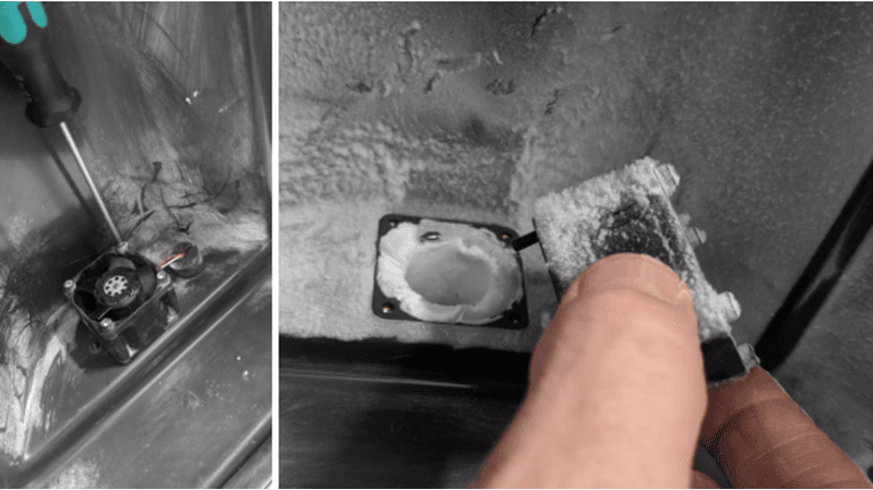 Someone is unscrewing the exhaust fan and pulling it forward
