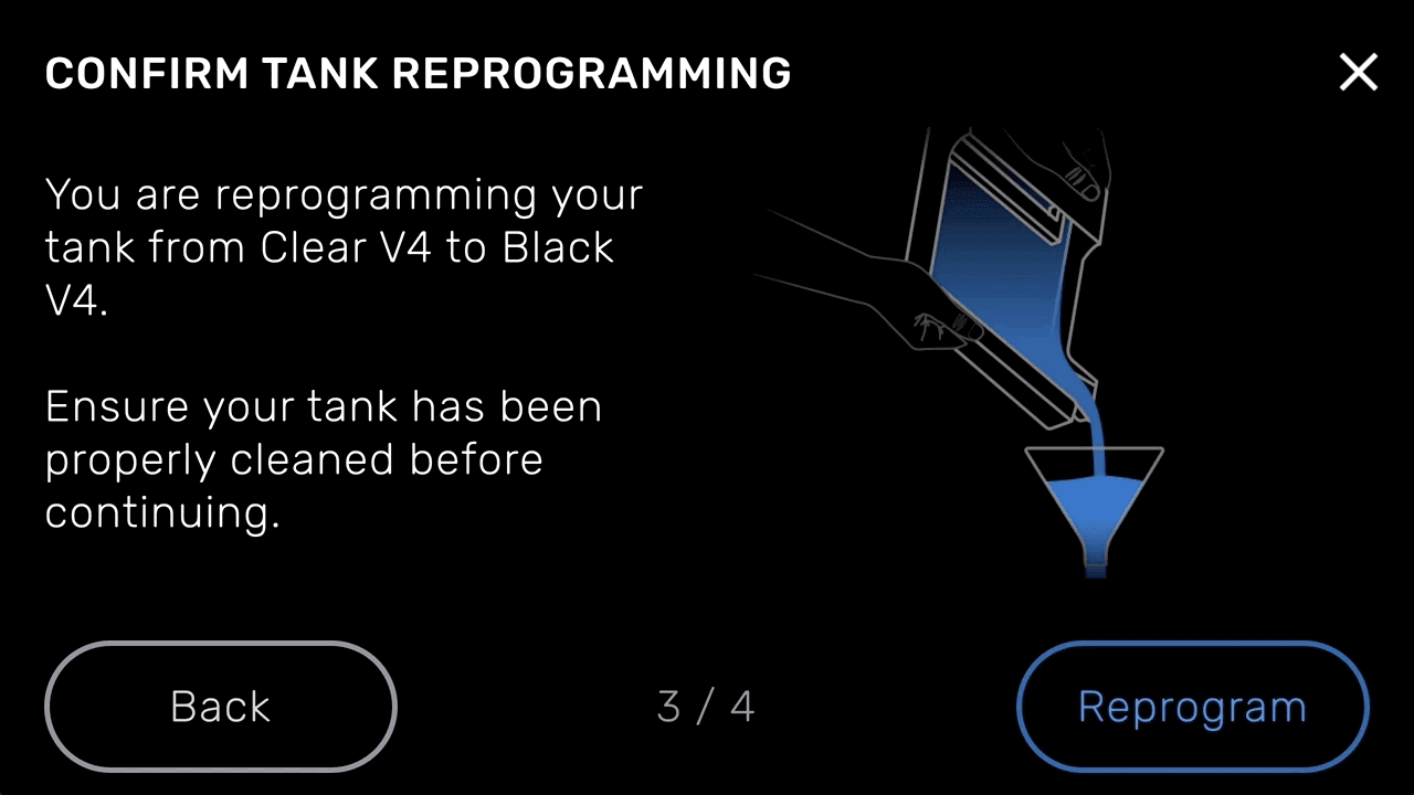 Confirm Tank Reprogramming screen