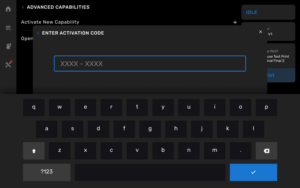 Entering an Open Material Mode activation code on a Fuse 1+ 30W printer