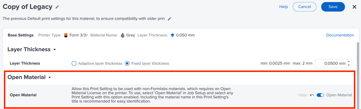 PreForm設定エディタのOpen Materialトグル