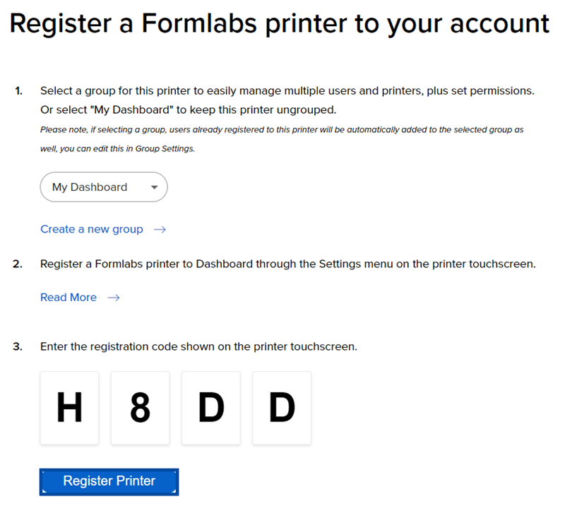 DashboardのRegister Printer(プリンタを登録)ボタン