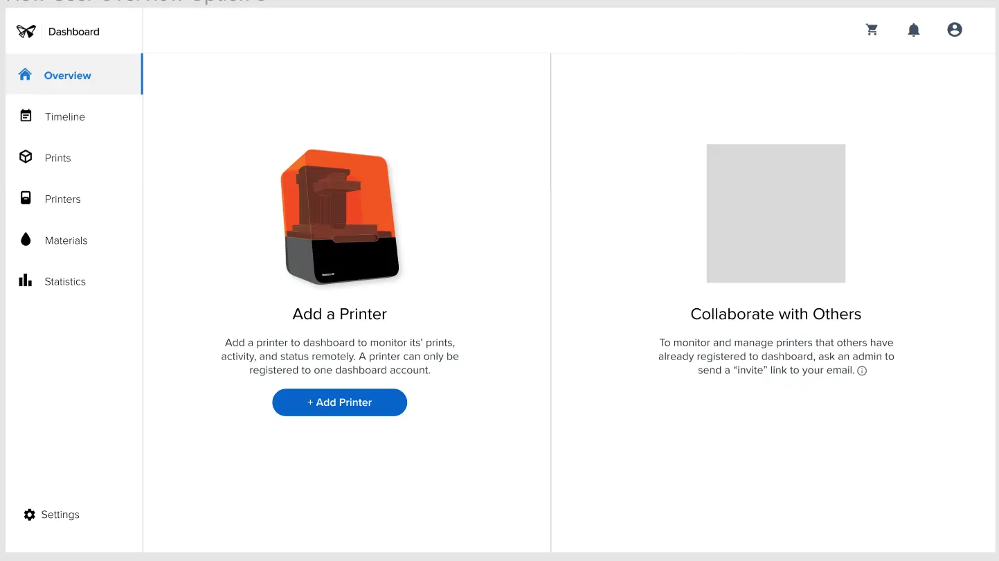 Dashboard画面の左側に表示されるメニューでは、Printers(プリンター)メニューが強調表示されます。