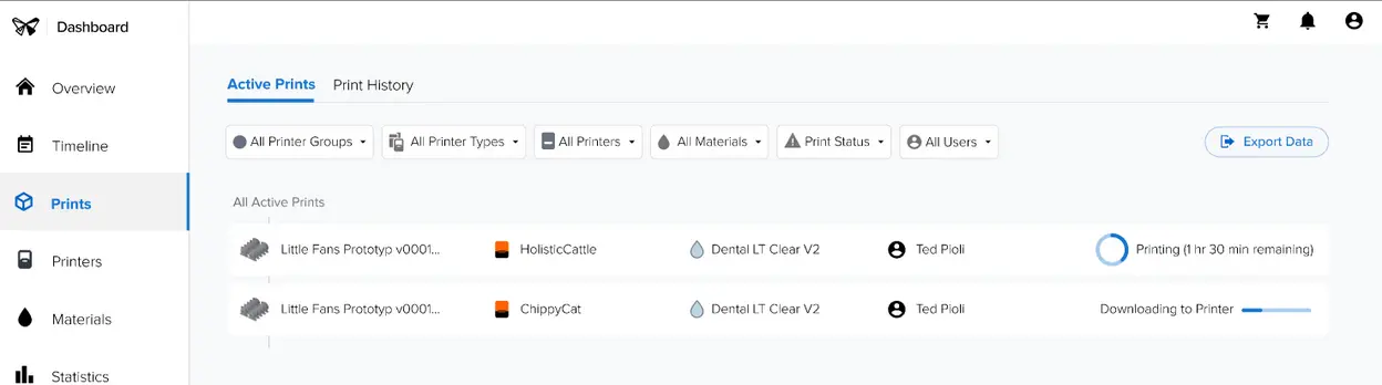 Prints(プリント)画面に表示されるアクティブなプリントのリスト