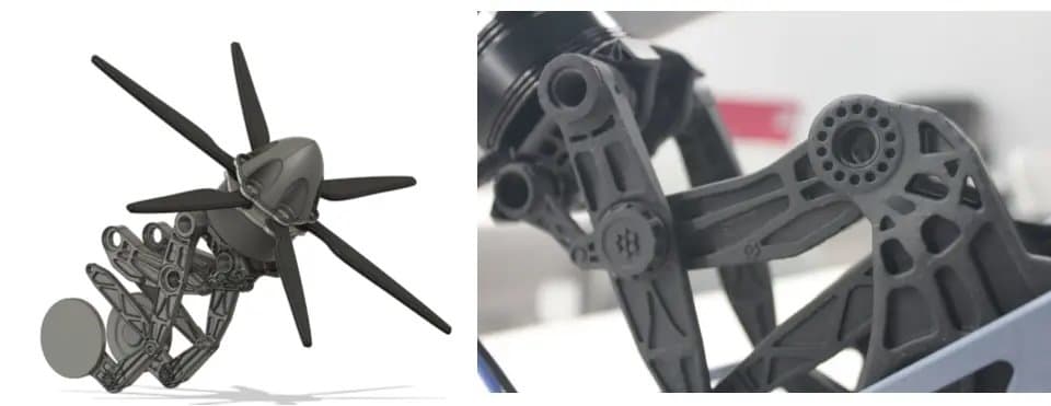At left, a render of a drone part. At right, a detail of the 3D printed parts.