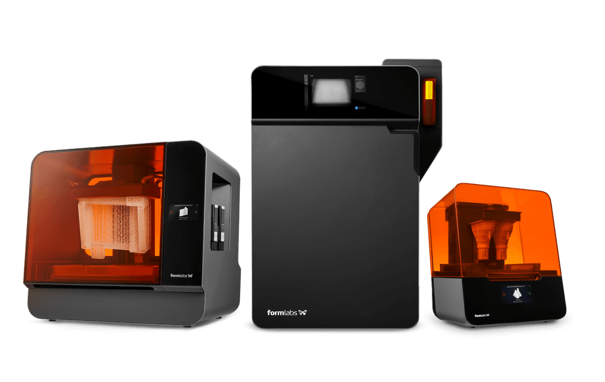 The Formlabs printer ecosystem including, the Form 3, Form 3L, and Fuse 1.