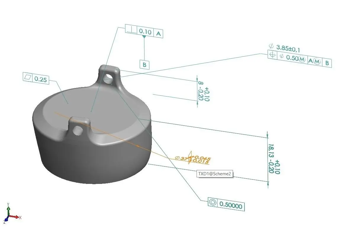 Selección de datums y características para tolerancias geométricas en SolidWorks.