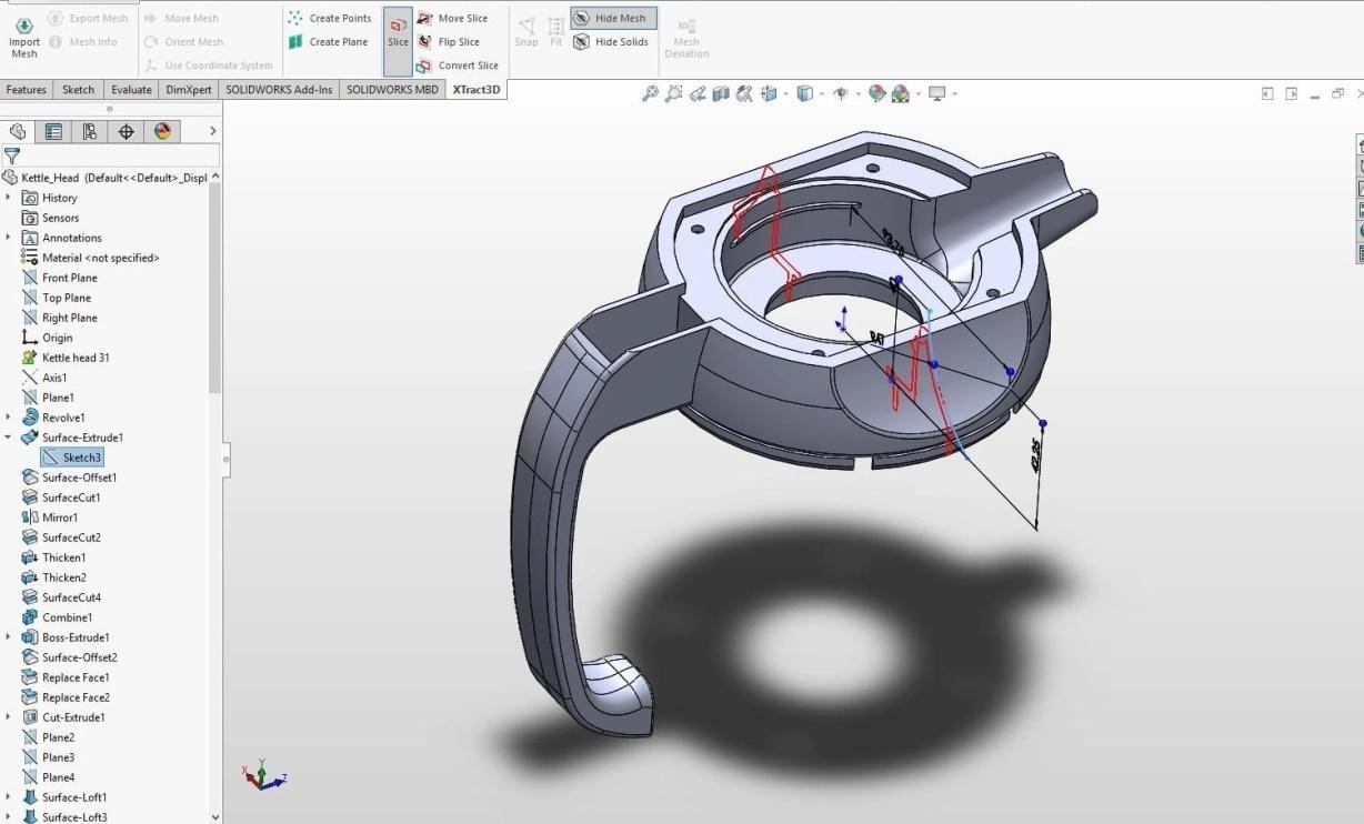 Xtract3D for SolidWorks offers enough functionality to replicate consumer products such as this kettle head based on 3D scan data.