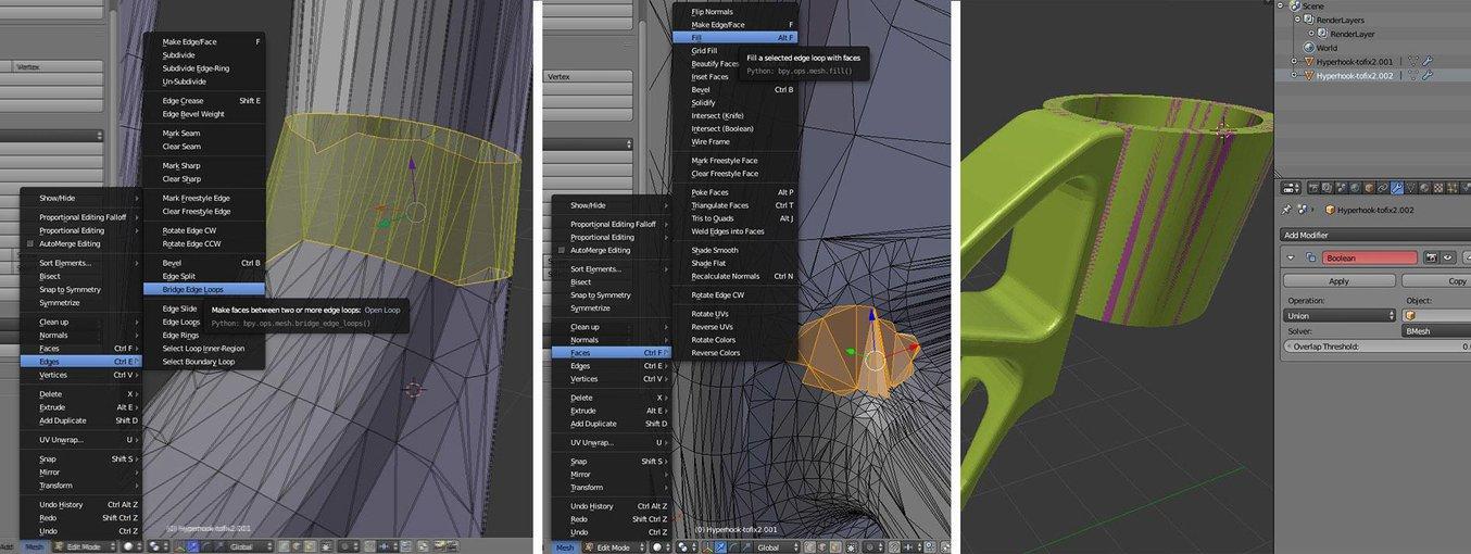 Bridging, hole filling, and Boolean functions are all represented in Blender.