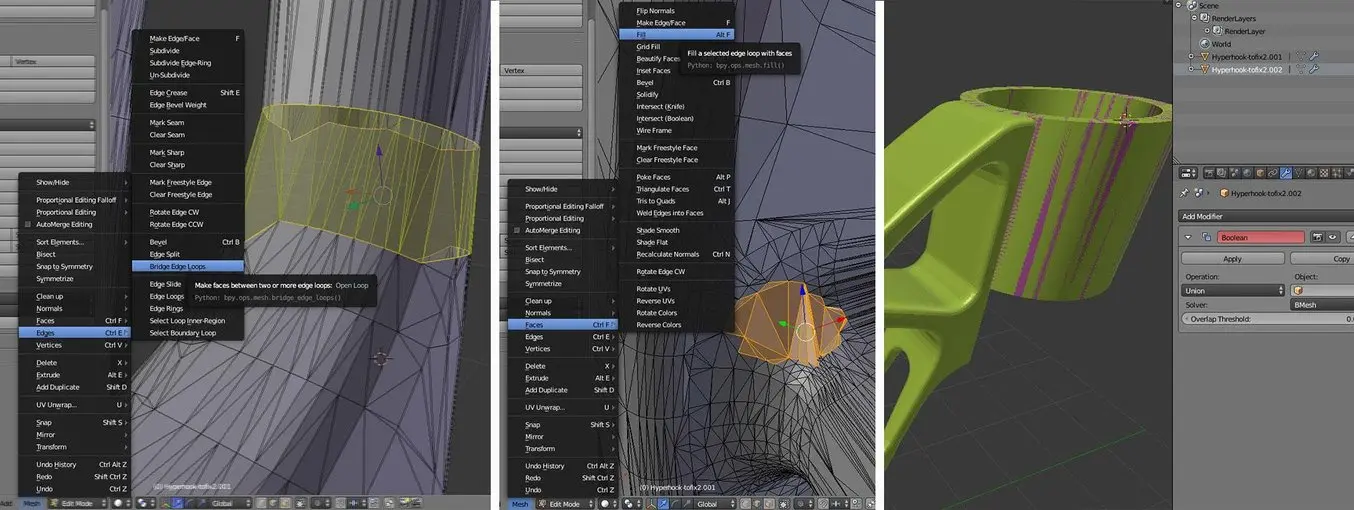 Funzioni di bridging, riempimento fori e operazioni boleane in Blender.