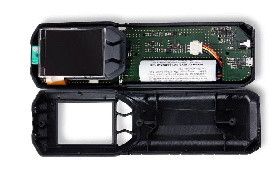 A prototype of a moisture meter from Wohler 3D printed from multiple materials with rigid housing and soft-touch buttons.