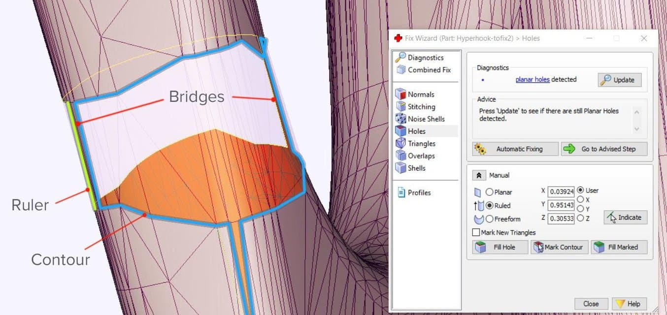 Advanced hole filling functions for organic and cylindrical shapes in Magics.