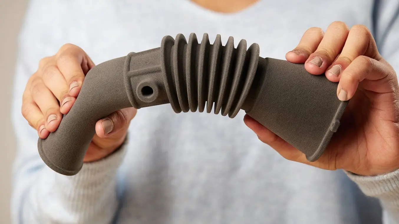 Eine 3D-gedruckte, flexible Schlauchkomponente, gedruckt aus TPU 90A Powder auf dem SLS-3D-Drucker Fuse 1+ 30W