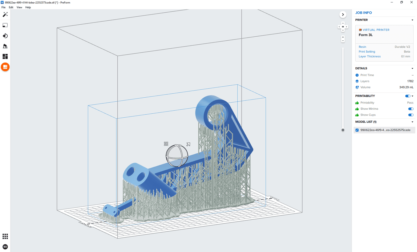 Usa el software PreForm para preparar piezas para la impresión 3D en impresoras 3D SLA de Formlabs.