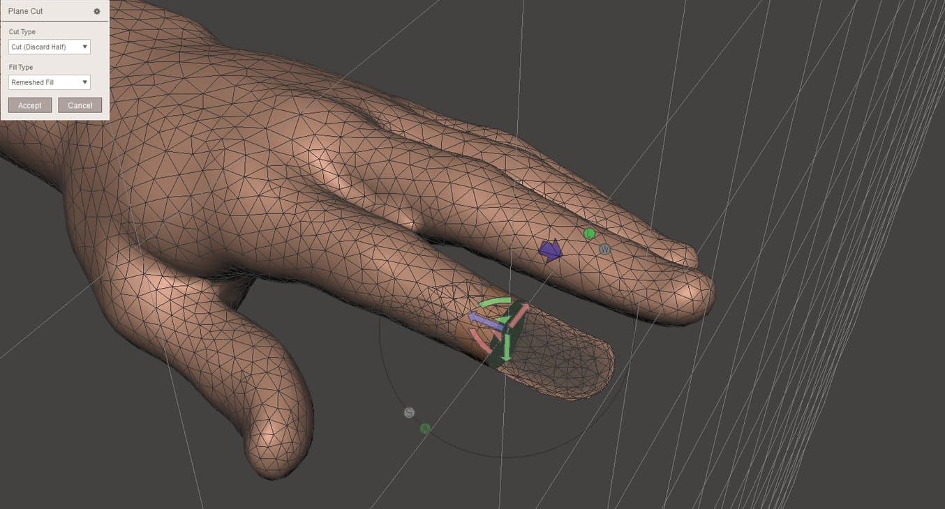 Meshmixer tutorial - The Plane Cut command applied to a selection cuts off a specific area without affecting others.