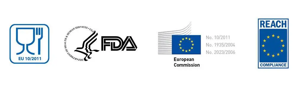 Recherchez les étiquettes indiquant les autorisations FDA et UE. Notez bien qu'un matériau « conforme à » ne signifie pas qu'il est explicitement autorisé par ces institutions. Vérifiez bien l'existence d'un certificat sur les fiches techniques.